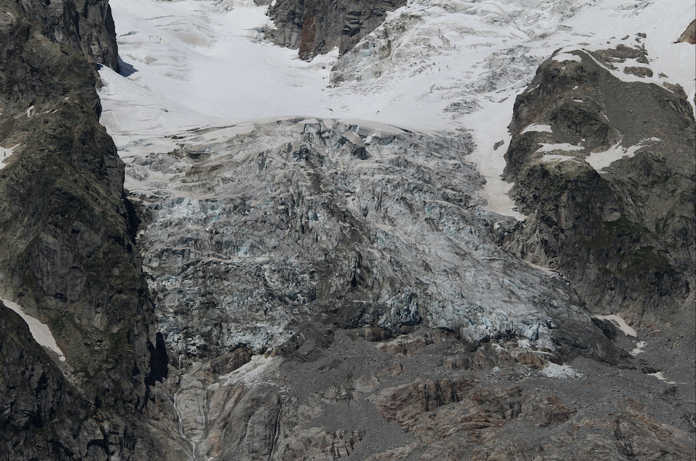 A segment of the Planpincieux glacier is seen on the Italian side of the Mont Blanc massif after renewed warnings that a big portion of the glacier is at risk of collapse, in Aosta, Italy, August 5, 2020. u00e2u20acu201d Fondazione Montagna Sicura/handout via Reuters