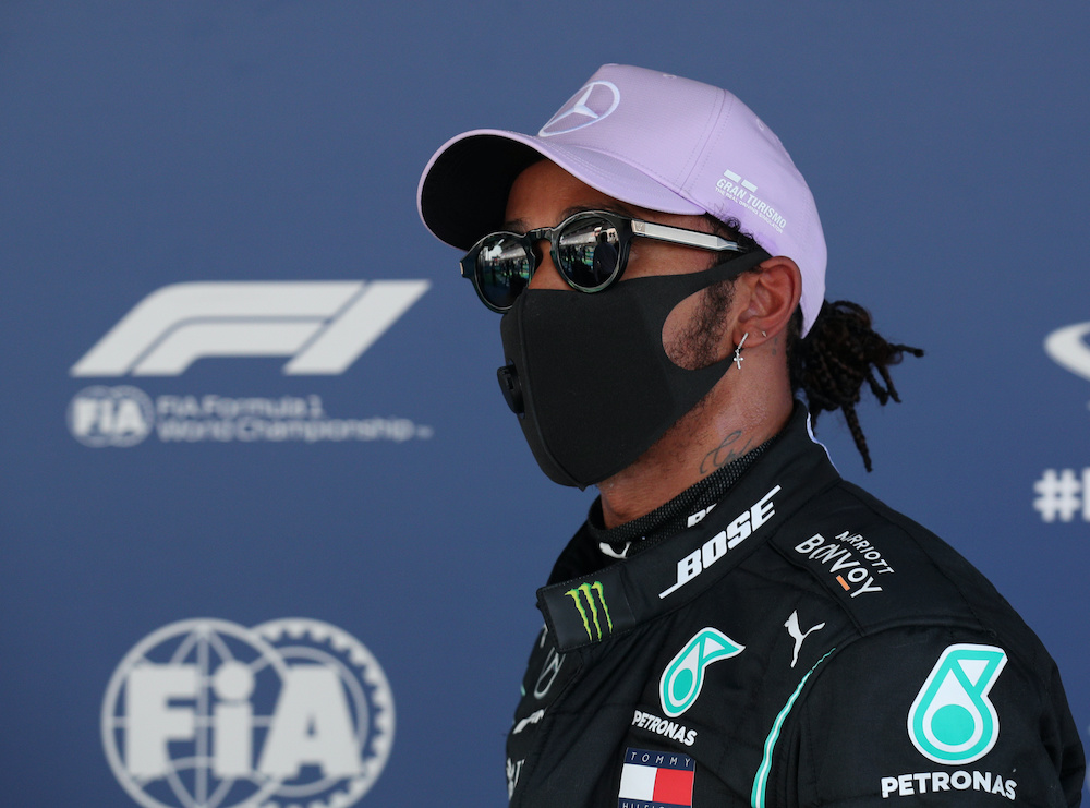 Mercedes' Lewis Hamilton after qualifying in pole position, August 15, 2020. u00e2u20acu201d Reuters/Albert Gea/Pool pic
