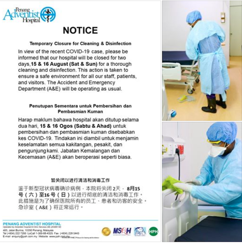 The notice posted by Penang Adventist Hospital on its official Facebook page. u00e2u20acu201d Picture courtesy of Facebook/Penang Adventist Hospital 