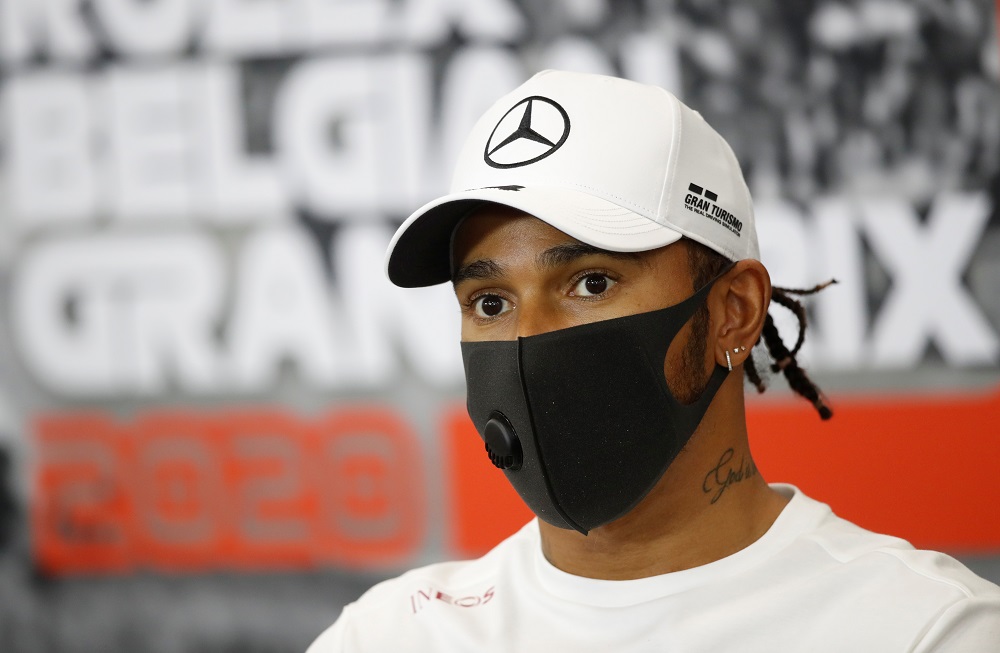 Mercedesu00e2u20acu2122 Lewis Hamilton during the press conference in Spa, Belgium August 27, 2020. u00e2u20acu201d FIA/Handout via Reuters