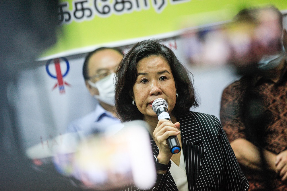 Lim Guan Eng's wife Betty Chew speaks at a press conference held at the Bagan Parliament Service Centre in Seberang Perai August 11, 2020. 