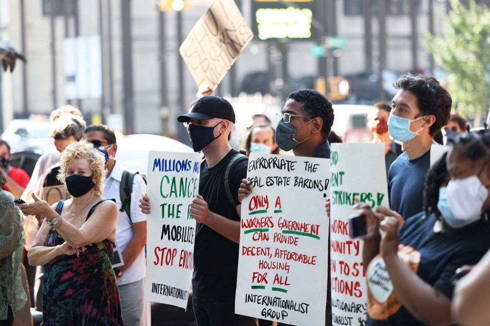People gather at the Brooklyn Housing Court as they participate in a 'Resist Evictions' rally to protest evictions in New York August 10, 2020. u00e2u20acu201d AFP pic