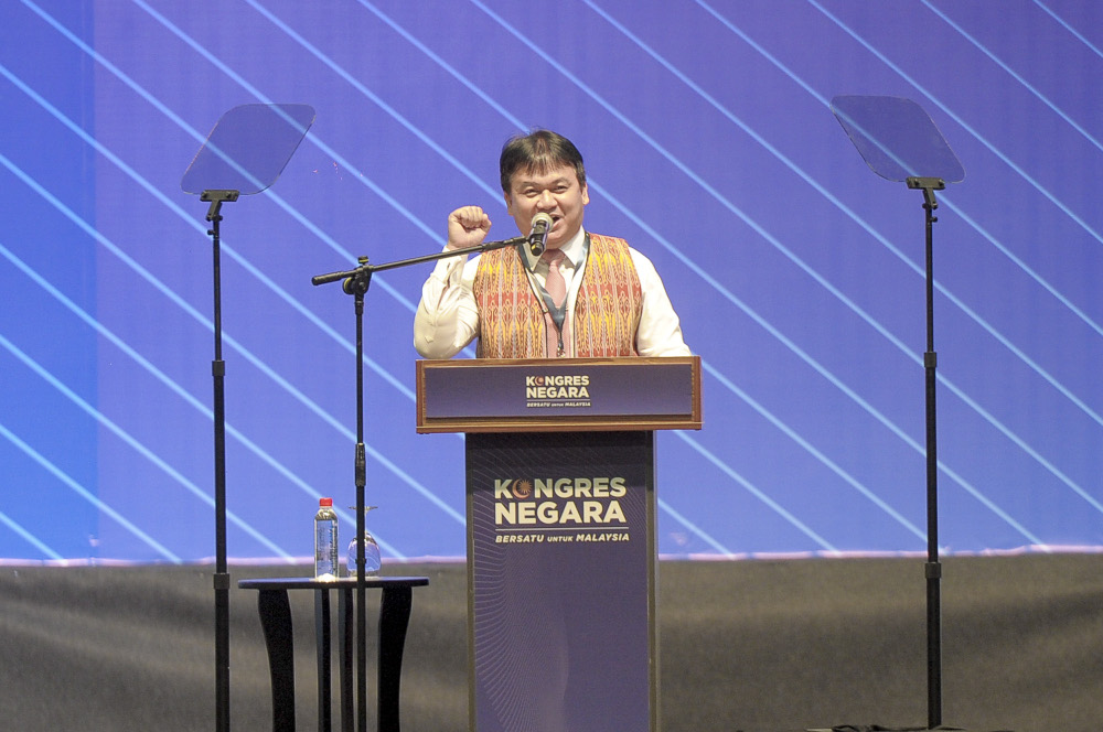 Ali Biju speaks during the National Congress: Unite For Malaysia event at Malaysia International Trade & Exhibition Centre (MITEC) in Kuala Lumpur, August 22, 2020. u00e2u20acu201d Picture by Shafwan Zaidon