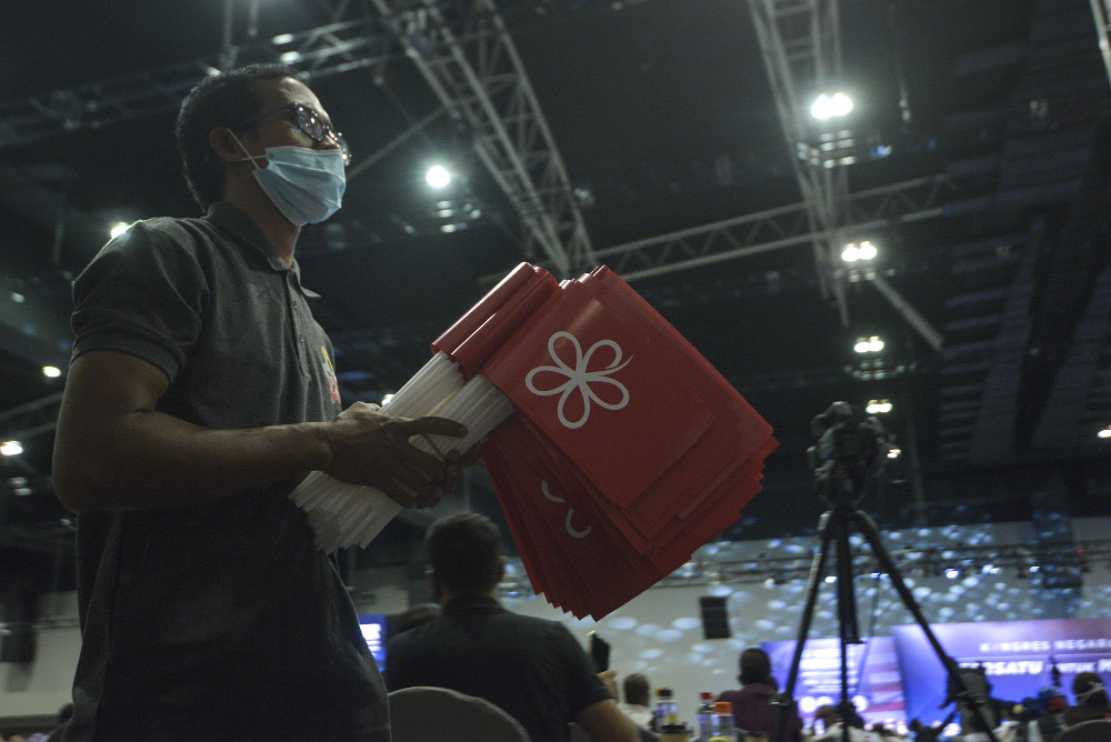 Bersatu flags are seen during the National Congress: Unite For Malaysia event at Malaysia International Trade & Exhibition Centre (MITEC) in Kuala Lumpur, August 22, 2020. u00e2u20acu201d Picture by Shafwan Zaidon