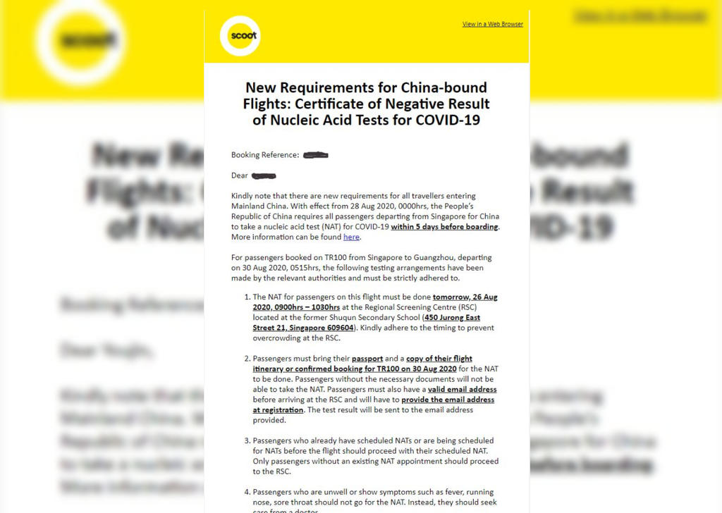 A screenshot of the email that budget airline Scoot sent to its customers on Aug 25, 2020. u00e2u20acu201d Screenshot via TODAY