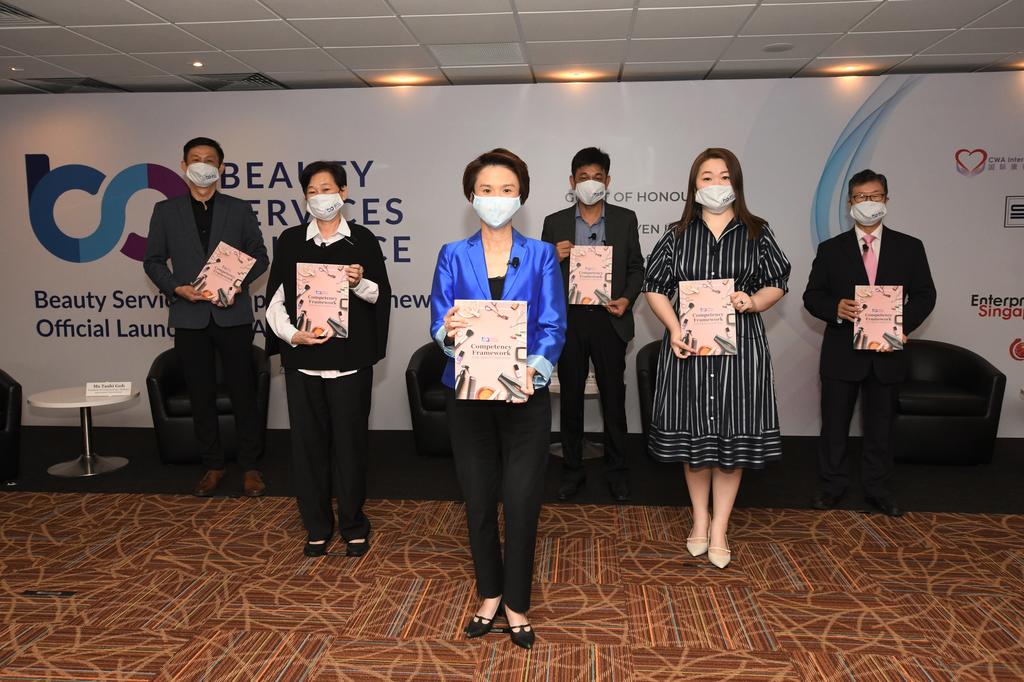 Low Yen Ling (third from left), Minister of State for Trade and Industry, at the launch of the Beauty Services Alliance on Aug 26, 2020. u00e2u20acu201d TODAY pic