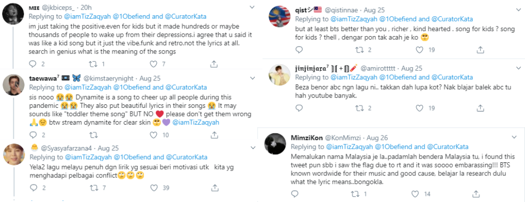 BTS’s fans weren’t too pleased after Tiz said that Dynamite was “meant for kids”. — Screengrab via Twitter/@1Obefiend