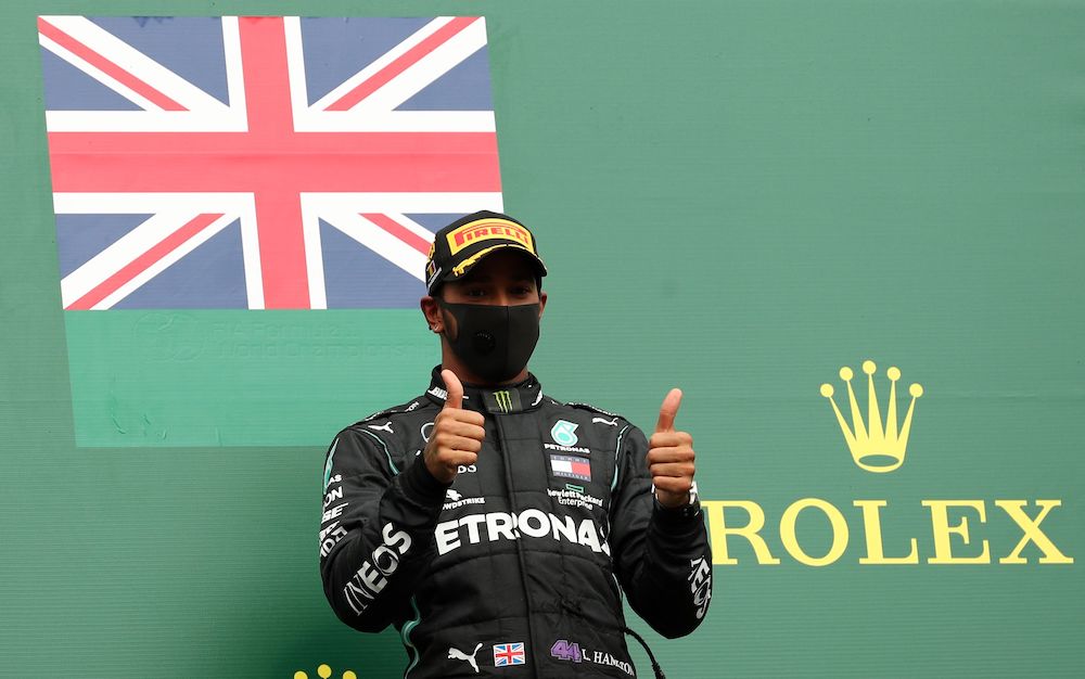Lewis Hamilton celebrates on the podium after winning the Belgium Grand Prix at nSpa-Francorchamps, Spa, Belgium August 30, 2020. u00e2u20acu201d Reuters picnn