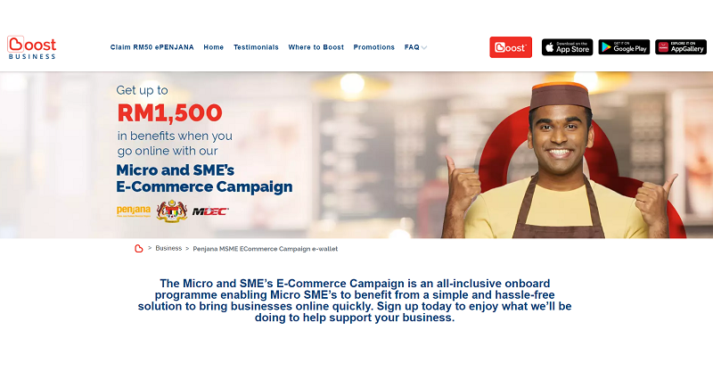 Boost said this is a suitable avenue for Boost to help and train businesses to digitise to access larger markets while simplifying the payment process. u00e2u20acu201d Screen capture of Boost website