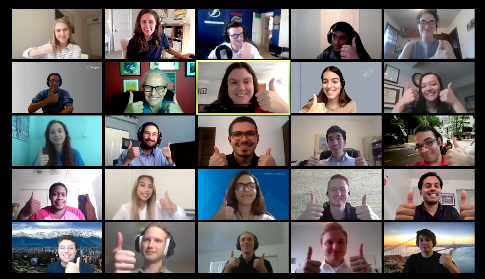 Employees and interns of JP Morgan participate in a video conference via Zoom, in this screen grab taken August 7, 2020. u00e2u20acu201d JP Morgan handout via Reuters