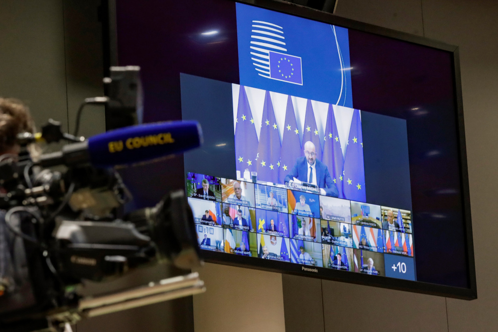 A photograph taken August 19, 2020 at the EU headquarters in Brussels shows a screen displaying European Council President Charles Michel and other EU leaders during the EU emergency video summit on the crisis in Belarus. u00e2u20acu201d AFP pic 