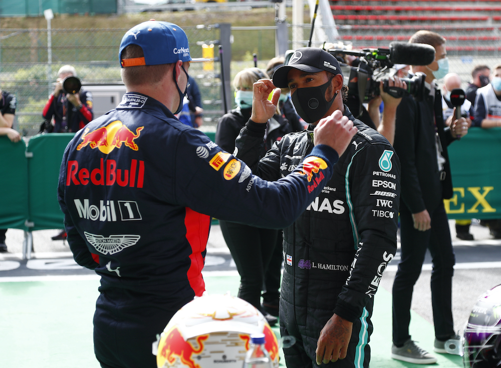 Mercedesu00e2u20acu2122 Lewis Hamilton after qualifying in pole position with Red Bull's Max Verstappen who qualified in third Pool at the Belgian Grand Prix at the Spa-Francorchamps, Spa, Belgium, August 29, 2020. u00e2u20acu201d Reuters picnn