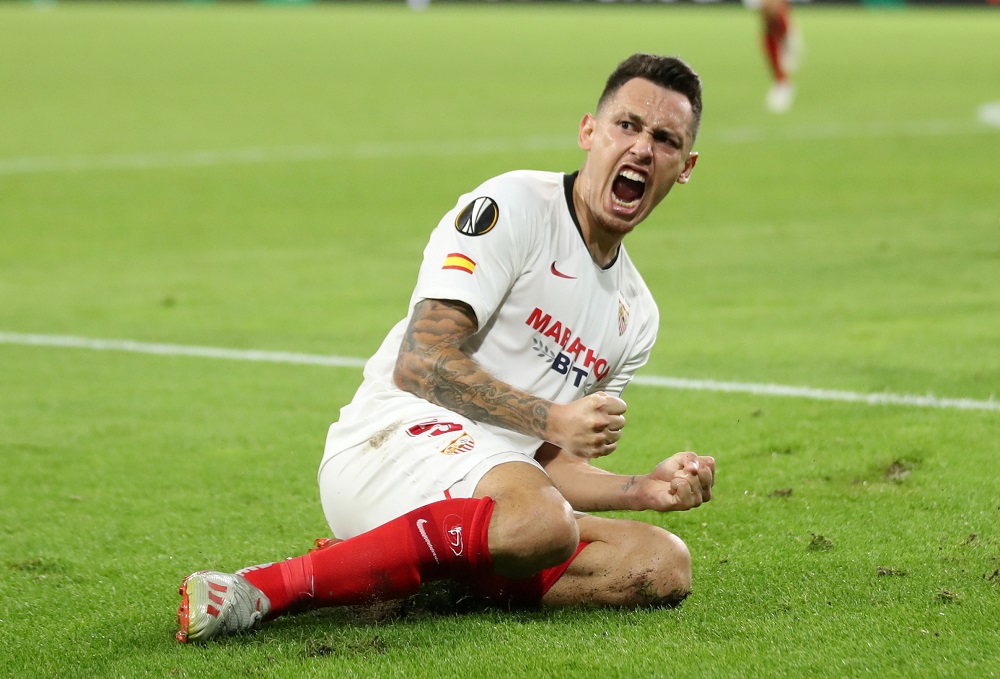 Sevilla's Lucas Ocampos celebrates after scoring the first goal against Wolverhampton Wanderers August 12, 2020. u00e2u20acu2022 Reuters pic