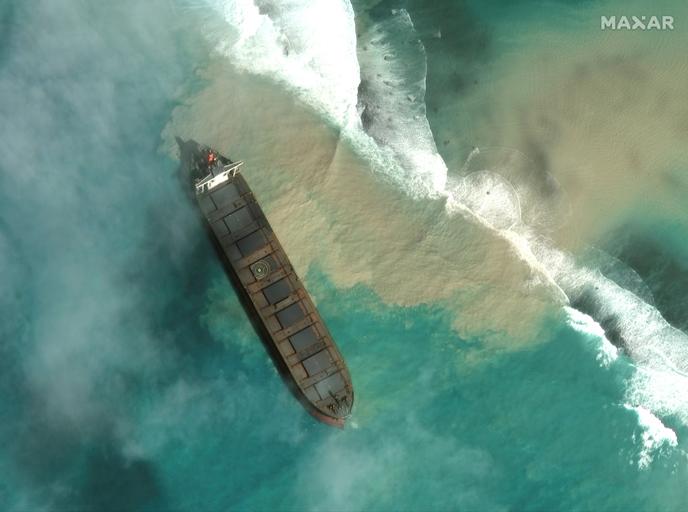 A satellite image shows MV Wakashio, a bulk carrier ship that ran aground off the southeast coast of Mauritius, August 1, 2020. Picture taken August 1, 2020. u00e2u20acu201d Reuters picnn