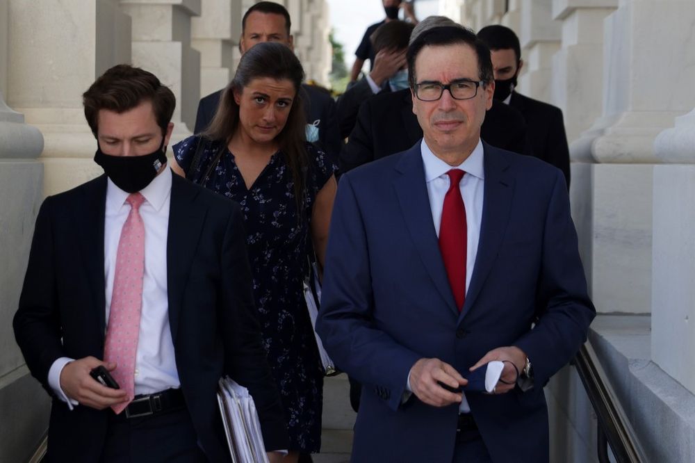 US Secretary of the Treasury Steven Mnuchin leaves after a meeting at the office of Speaker of the House Rep. Nancy Pelosi (D-CA) at the US Capitol on August 7, 2020 in Washington, DC. u00e2u20acu201d AFP pic