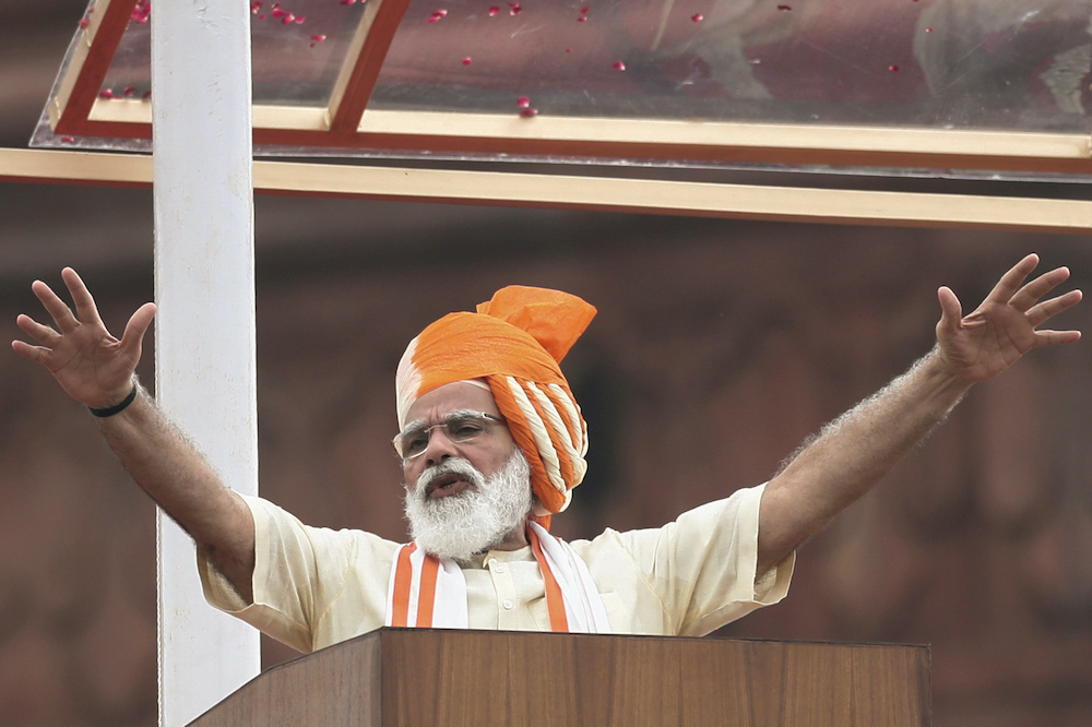 Indian Prime Minister Narendra Modi addresses the nation during Independence Day celebrations at the historic Red Fort in Delhi, India, August 15, 2020. u00e2u20acu201dReuters picnn