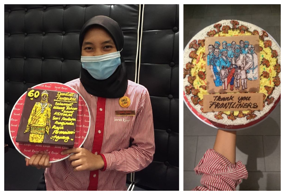 Nurul Aina showing her cake decorations with images of Raja Permaisuri Agong, frontliners. u00e2u20acu201d Picture via Twitter/@wafanorsyazana