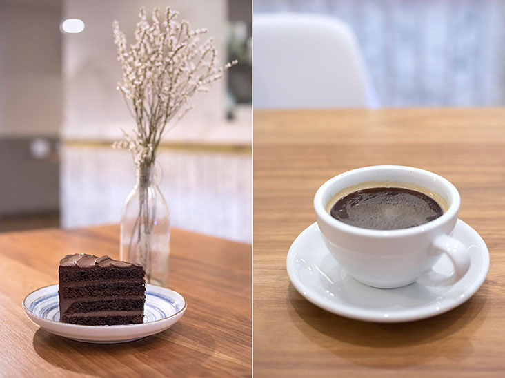 A slice of Viennese 'sachertorte' (left) and hot Americano (right) at Vanilla Bean
