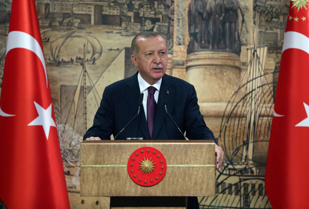 Turkeyu00e2u20acu2122s President Tayyip Erdogan addresses the nation in Istanbul, Turkey, August 21, 2020. u00e2u20acu201d Murat Cetinmuhurdar/PPO handout pic via Reuters 