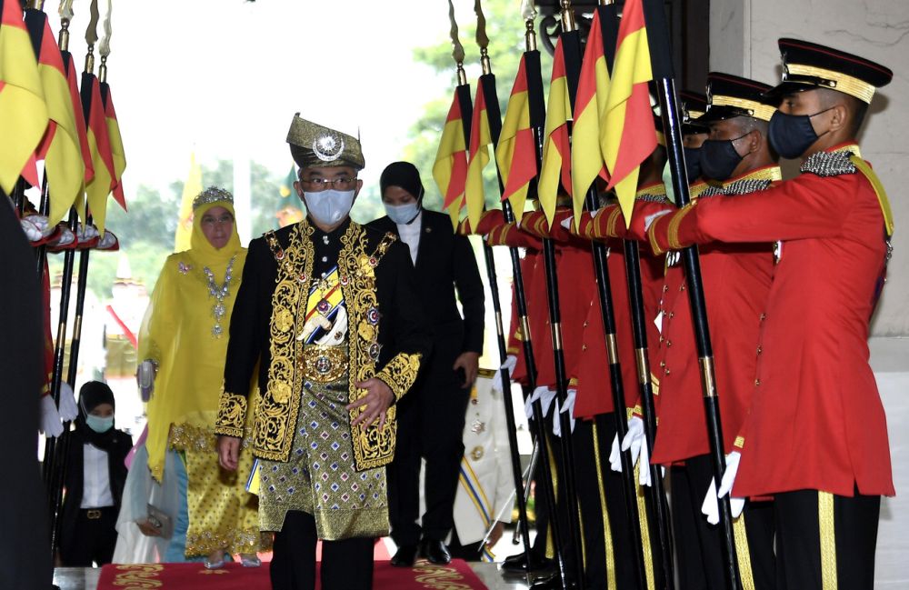Yang di-Pertuan Agong Al-Sultan Abdullah Riu00e2u20acu2122ayatuddin Al-Mustafa Billah Shah arrives for the investiture ceremony of federal awards and honours at Istana Melawati in Putrajaya August 17, 2020. u00e2u20acu201d Bernama pic