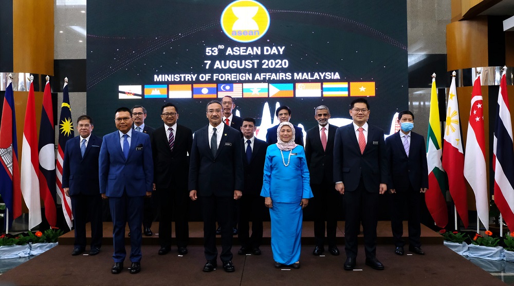 Foreign Ministry secretary-general Datuk Seri Muhammad Shahrul Ikram Yaakob (front, left) poses for a photo with other Asean leaders during the 53rd Asean Day in Putrajaya August 7, 2020. u00e2u20acu2022 Bernama pic
