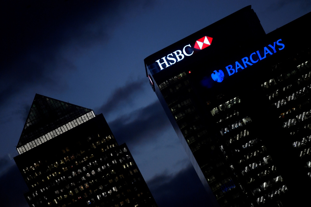 HSBC and Barclayu00e2u20acu2122s buildings in the Canary Wharf financial district of London, Britain, November 19, 2018. u00e2u20acu201d Reuters pic