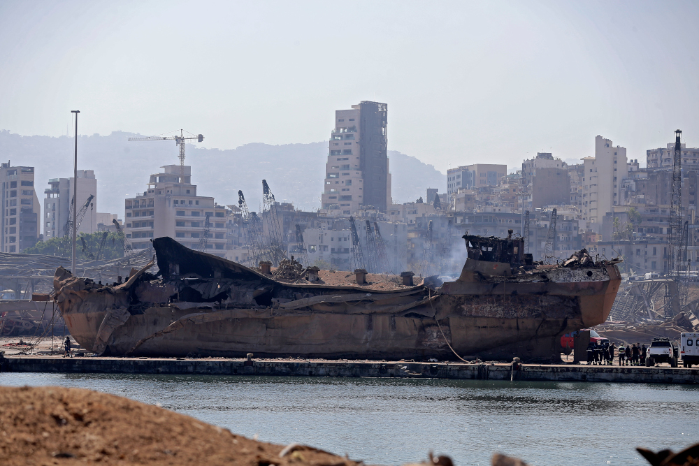 A picture shows a blown-up ship which was thrown on the land at Beirut port August 7, 2020, three days after a massive blast there shook the Lebanese capital. u00e2u20acu201d AFP pic  