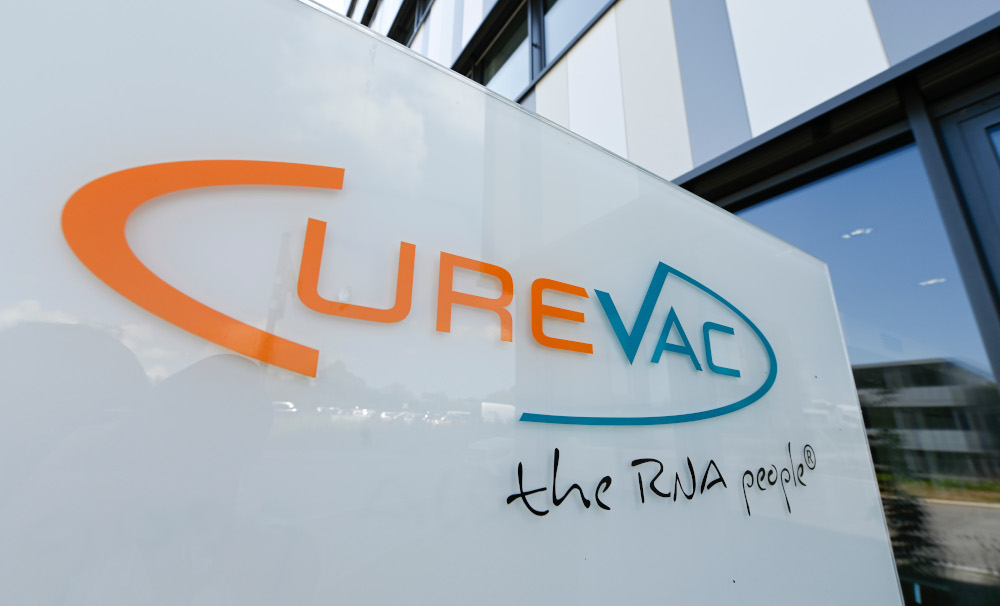 In this file photo taken June 23, 2020 the logo of the biopharmaceutical company CureVac is seen in front of the companyu00e2u20acu2122s headquarters in Tuebingen, southern Germany. u00e2u20acu201d AFP pic 