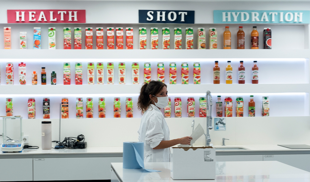 An employee works in the gazpacho lab at the AMC INNOVA factory in Espinardo near Murcia on August 18, 2020. — AFP pic