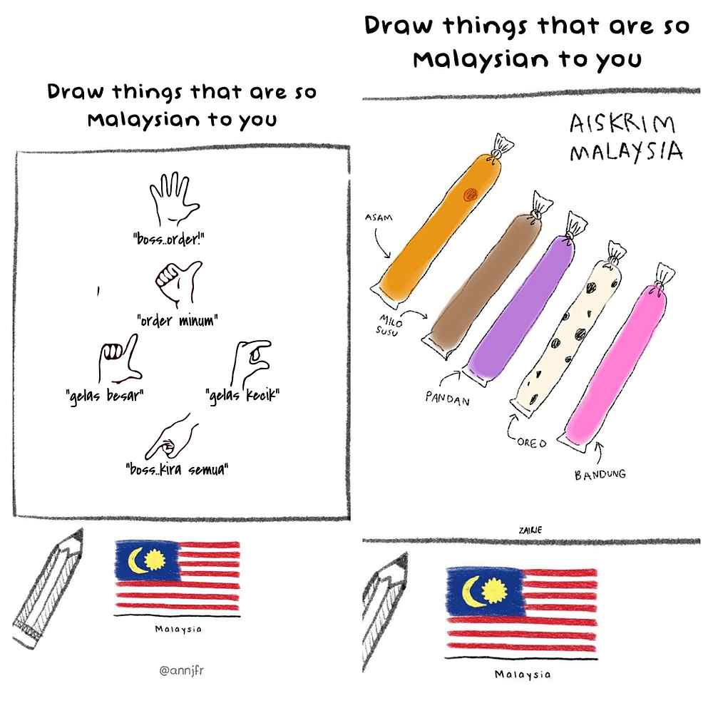 The famous hand signs used in mamak restaurants and the aiskrim plastik are some of the drawings captured by Malaysians on social media. u00e2u20acu201d Picture via Twitter/@ahmdzairie and @syafiqali7 