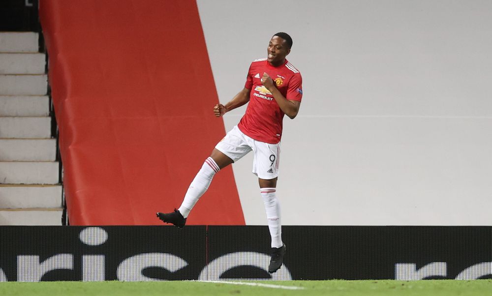 Manchester United's Anthony Martial celebrates scoring his side's second goal against LASK at Old Trafford, Manchester August 5, 2020. u00e2u20acu201d Reuters pic