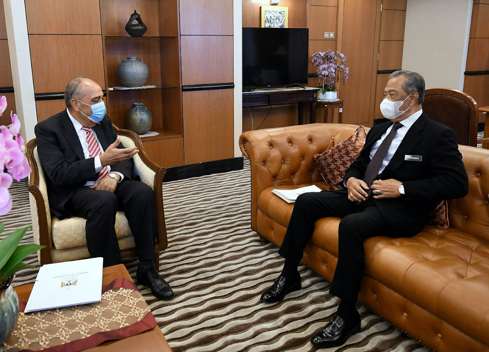Prime Minister Tan Sri Muhyiddin Yassin receives a courtesy call from Palestinian Ambassador to Malaysia Walid Abu Ali at the formeru00e2u20acu2122s office in the Parliament House here today. u00e2u20acu201d Bernama pic
