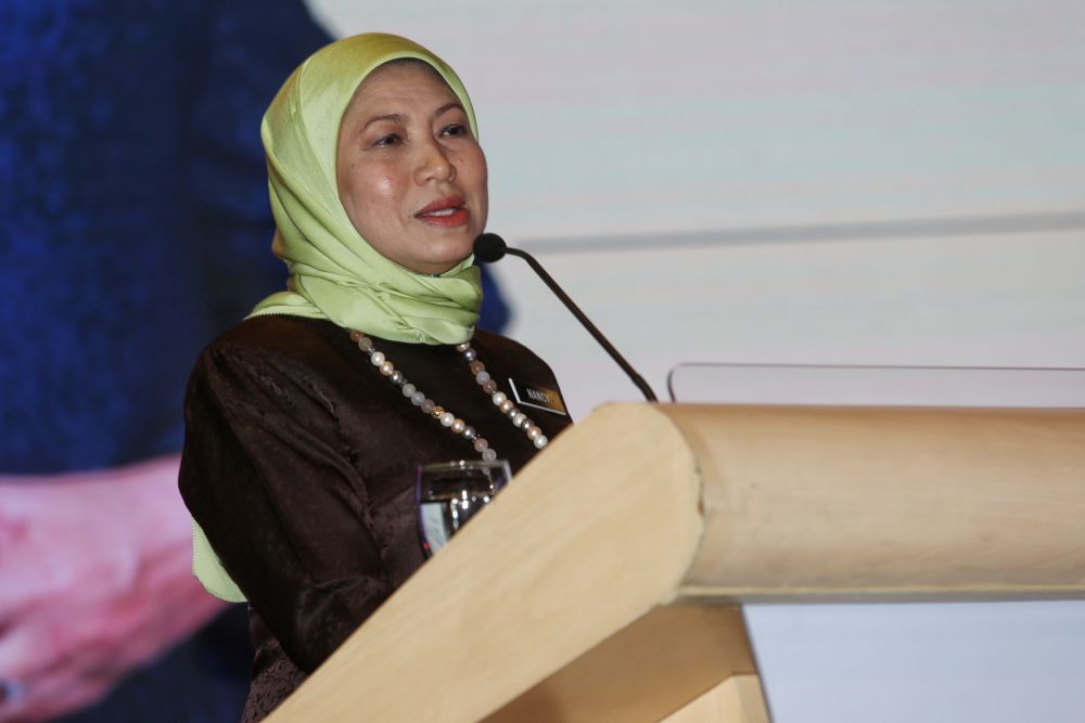Datuk Seri Nancy Shukri delivers a speech during the launch of a Cuti-Cuti Malaysia campaign at the Putra World Trade Centre, Kuala Lumpur August 26, 2020. u00e2u20acu201d Picture by Choo Choy May