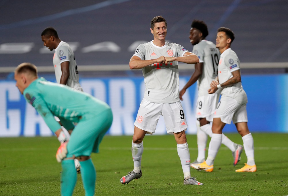 Bayern Munich's Robert Lewandowski celebrates after scoring the sixth goal August 15, 2020. u00e2u20acu2022 Reuters pic