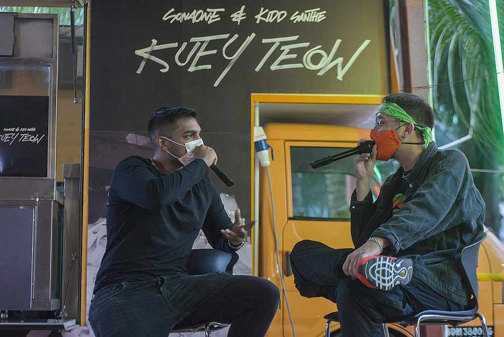 Local rappers, SonaOne and Kidd Santhe at the 'Kuey Teow' listening session at Rasta TTDI, Kuala Lumpur August 15, 2020. — Picture by Shafwan Zaidon