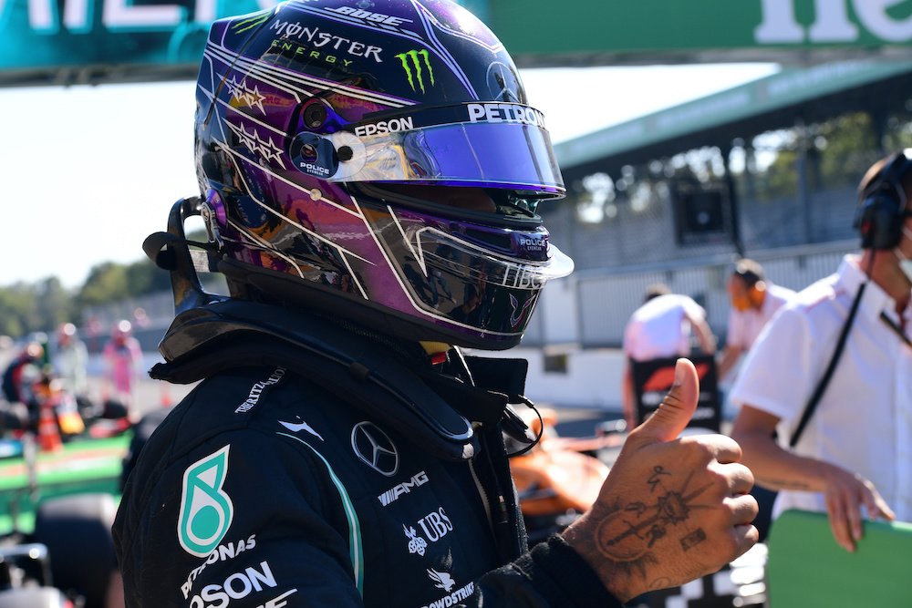 Mercedes' Lewis Hamilton reacts after qualifying in pole position in Monza September 5, 2020. u00e2u20acu201d Reuters pic 