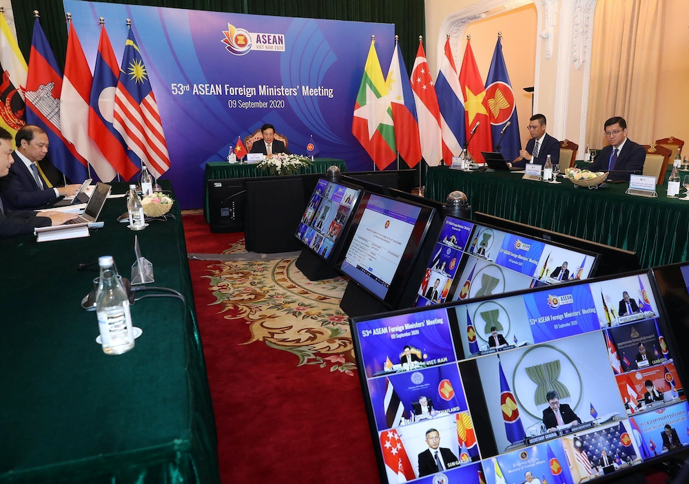 Vietnam's Deputy Prime Minister and Foreign Minister Pham Binh Minh chairs a video meeting with foreign ministers from Asean countries in Hanoi, Vietnam September 9, 2020. u00e2u20acu201d VNA pic via Reuters