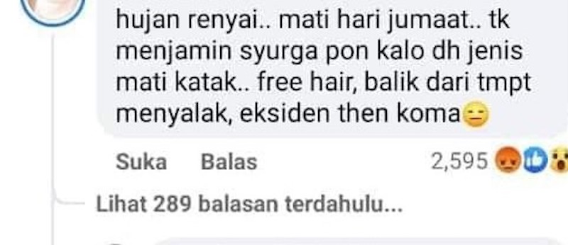 A mean comment posted by a social media user that had sparked criticisms from many social media users including the late singer's mother. — Screengrab via Facebook/WanyHasrita