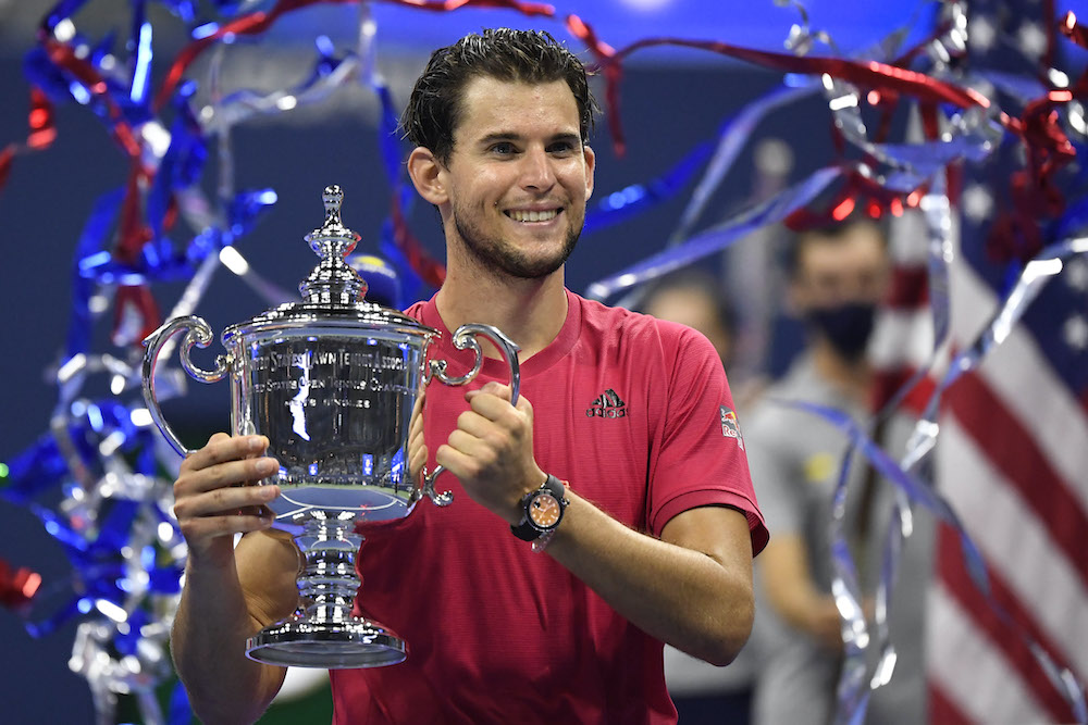 Dominic Thiem of Austria celebrates with the championship trophy in New York September 14, 2020. u00e2u20acu201d Danielle Parhizkaran-USA TODAY Sports pic