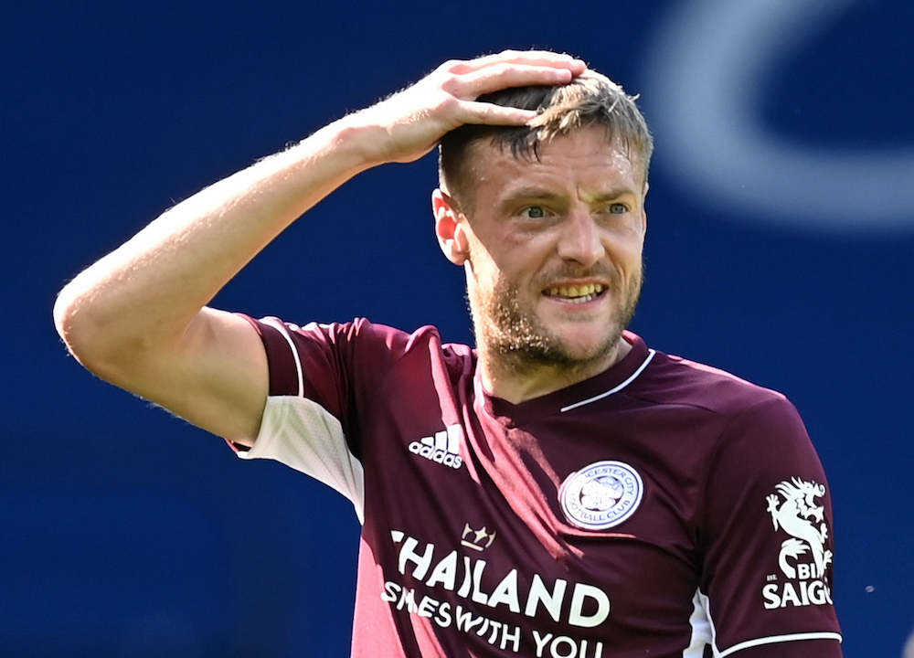 Leicester City's Jamie Vardy reacts during the match against West Bromwich Albion, September 13, 2020. u00e2u20acu201d Pool via Reuters 
