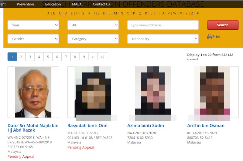 Screengrab of MACC website's Corruption Offenders Database which features former prime minister Datuk Seri Najib Razak. — Screengrab from MACC website