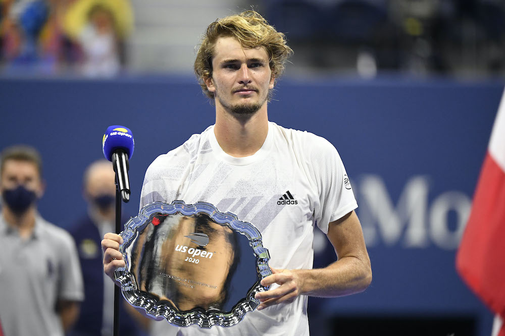 Alexander Zverev of Germany holds the finalist trophy after his match against Dominic Thiem September 14, 2020. u00e2u20acu201d Danielle Parhizkaran-USA TODAY Sports pic