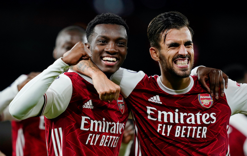 Arsenal's Eddie Nketiah celebrates scoring their second goal with Dani Ceballos, September 19., 2020. u00e2u20acu201d Pool via Reuters/Will Oliver 