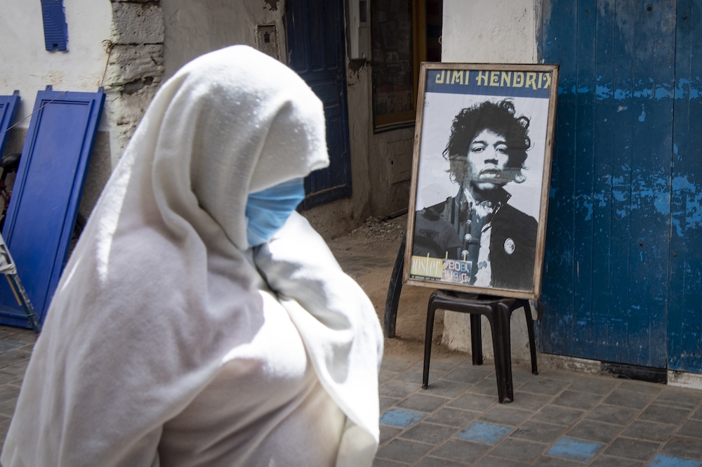 A picture taken in the Moroccan coastal city of Essaouira shows portraits of late US guitarist Jimi Hendrix. u00e2u20acu201d AFP pic