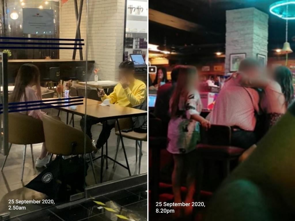 Two patrons (left) who were fined for not wearing their masks at an F&B outlet on Orchard Road and (right) people who were found intermingling with different groups of patrons. u00e2u20acu201d TODAY pic
