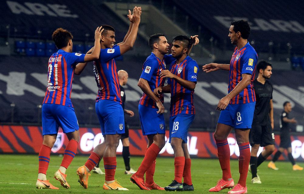JDT players celebrate a goal during the Super League title match against Selangor at Iskandar Puteri, Johor September 19, 2020. u00e2u20acu201d Bernama pic