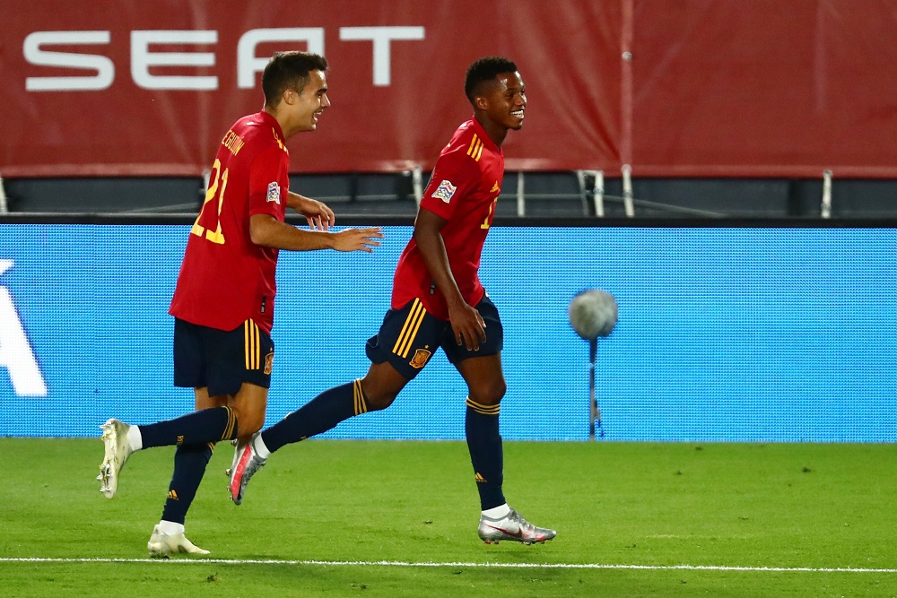 Spain's Ansu Fati celebrates scoring their third goal with teammates at the Alfedo Di Stefano stadium in Madrid September 6, 2020. u00e2u20acu201d Reuters pic