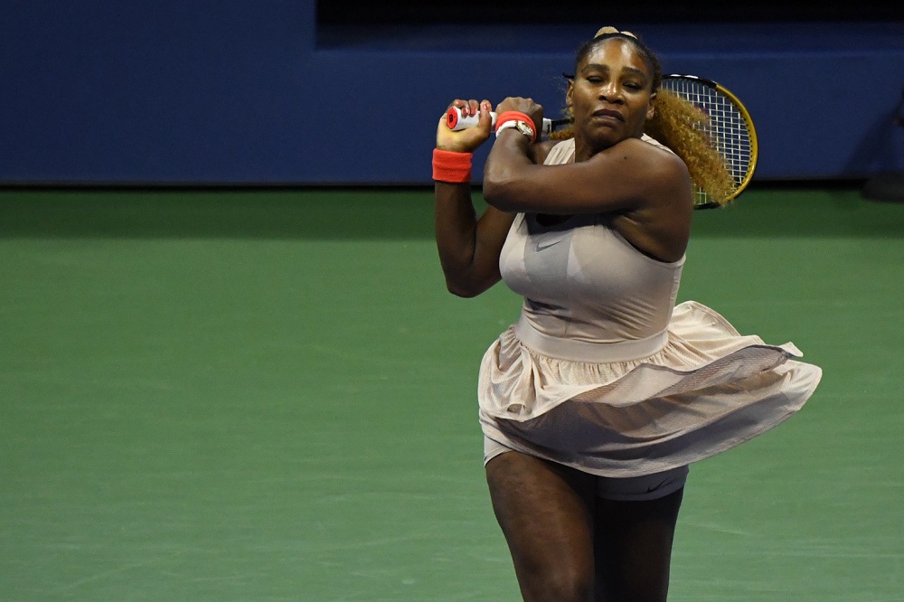 Serena Williams hits a forehand against Victoria Azarenka in a womenu00e2u20acu2122s singles semi-finals match at the 2020 US Open tennis tournament in New York September 10, 2020. u00e2u20acu201d Picture by Danielle Parhizkaran-USA TODAY Sports via Reuters