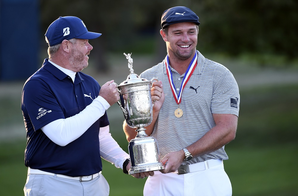 Bryson DeChambeau (right) poses and celebrates with the trophy after winning the US Open golf tournament in New York September 20, 2020. u00e2u20acu201d Picture by Danielle Parhizkaran-USA TODAY Sports via Reuters