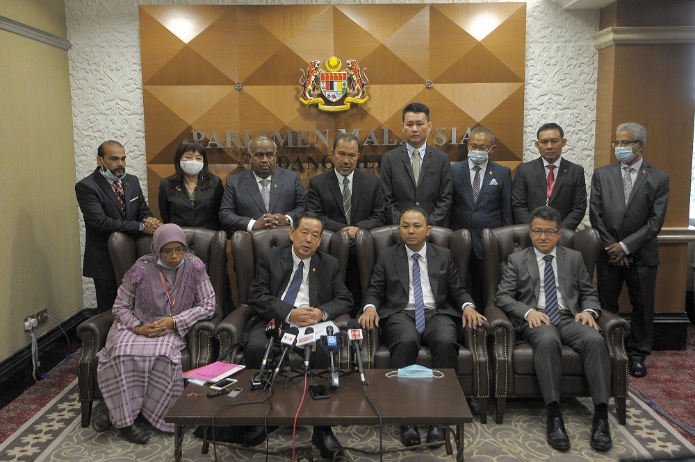 Opposition senators speak to reporters during a press conference in Parliament nSeptember 2, 2020. u00e2u20acu201d Picture by Shafwan Zaidonn